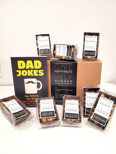 6oz of butter toffee peanuts, honey roasted nuts, deluxe nuts and fiesta mix along with a 'Dad Jokes' book