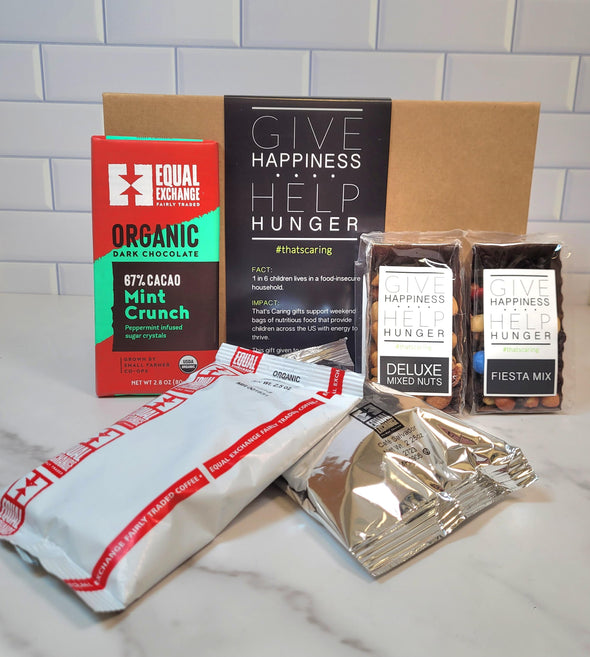 3oz deluxe nuts, 3oz fiesta mix, dark chocolate mint crunch bar, French roast coffee and Cafe Salvador coffee