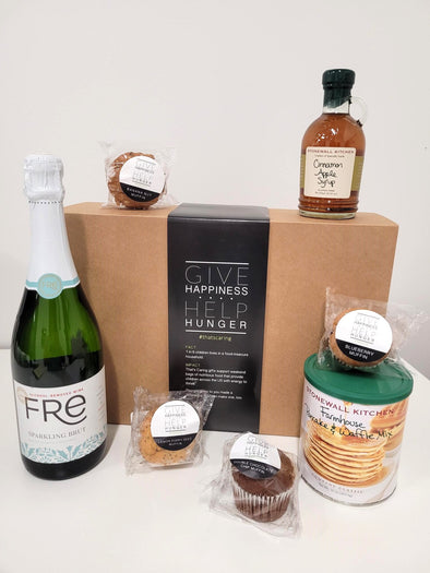 Sutter Home Fre non-alcoholic sparkling brut, pancake mix, apple cinnamon syrup & assorted muffins
