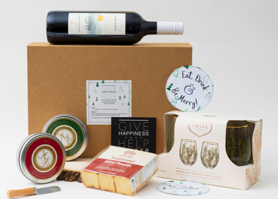 Holiday themed gift with brie & garden vegetable cheeses, mini toast, holiday coasters, woodland stemless wine glasses & ONEHOPE wine selection
